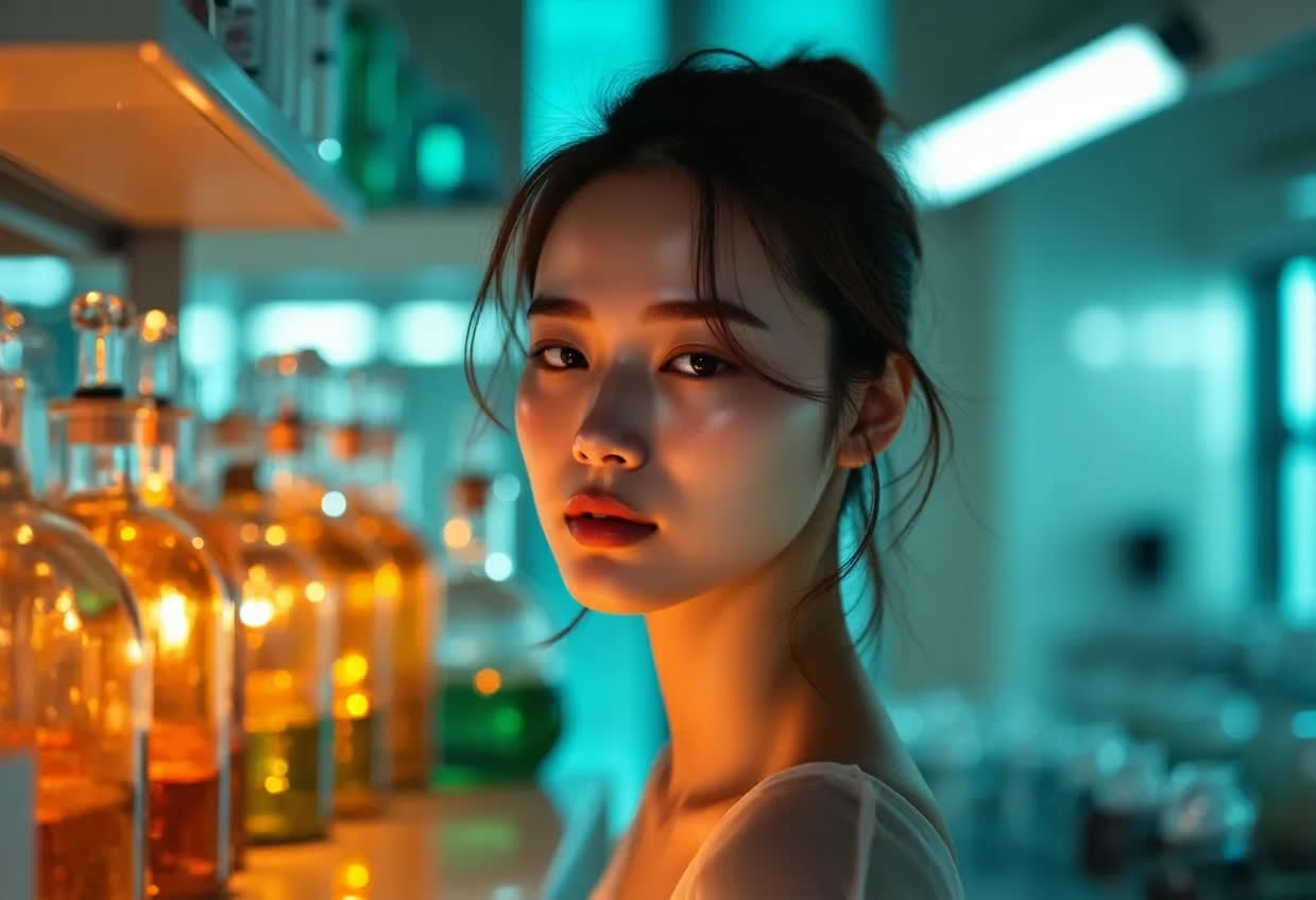 실험실 비커를 배경으로 서 있는 맑은 피부의 인물