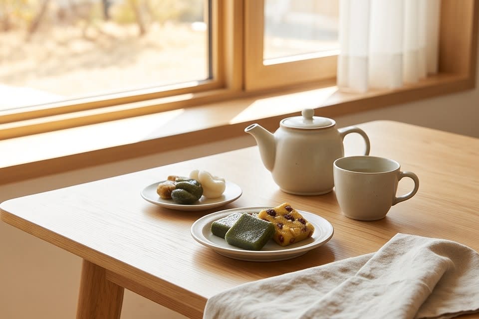 창가에 정갈하게 차려진 아침 식사용 떡 상차림입니다.