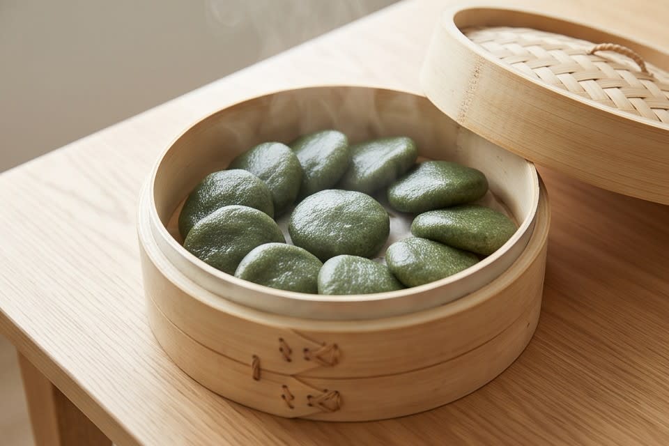 찜기에 담겨 모락모락 김이 나는 한산모시떡