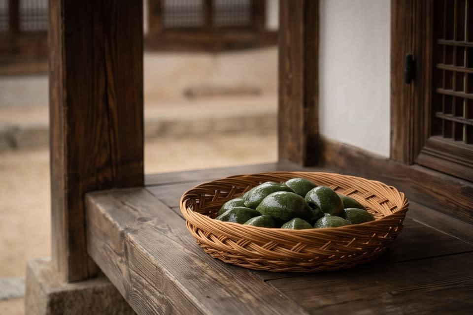 한옥 마루 위 명절의 품격을 보여주는 정성스러운 떡 바구니입니다.