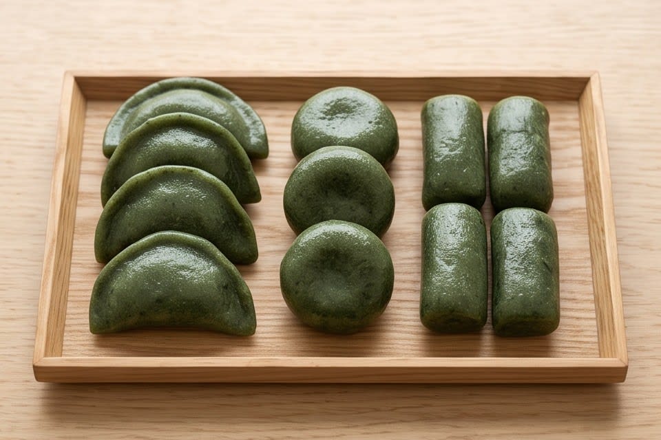 송편과 갠떡 등 다양하게 구성되어 단정하게 차려진 모시떡입니다.