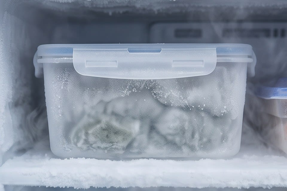 밀폐 용기에 담겨 냉동실에 보관 중인 떡
