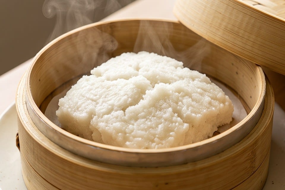 찜기에 담겨 김이 모락모락 나는 하얀 떡