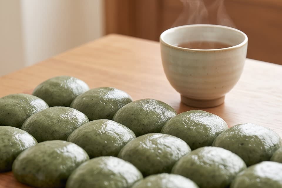 따뜻한 차 한 잔과 함께 모시떡이 정갈하게 놓여 있다.