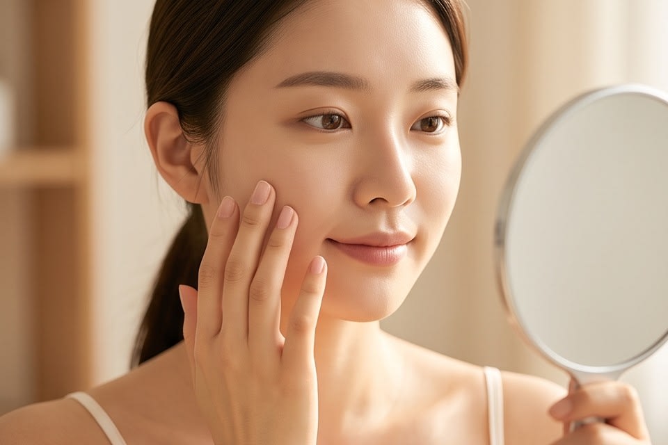 A person checking their skin condition while looking in the mirror