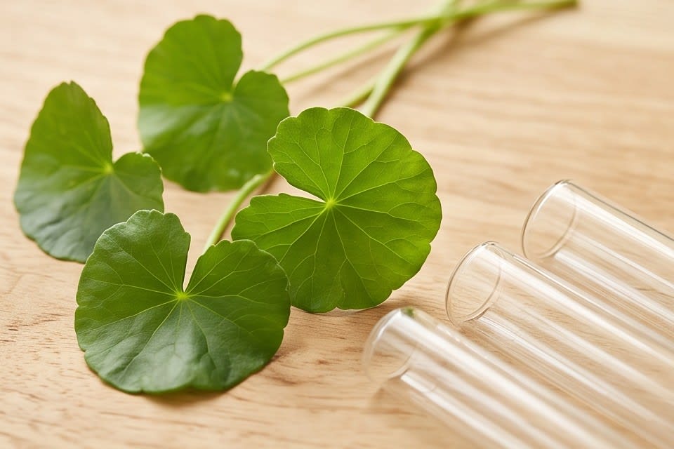Centella asiatica and laboratory glass tubes placed side by side