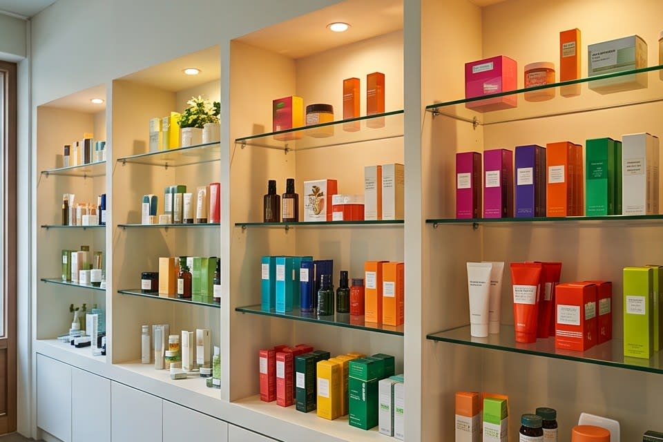 A display stand with various cosmetic packages arranged systematically