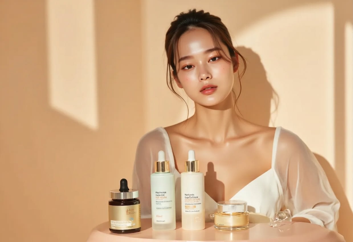 A person with healthy skin and neatly arranged basic care products