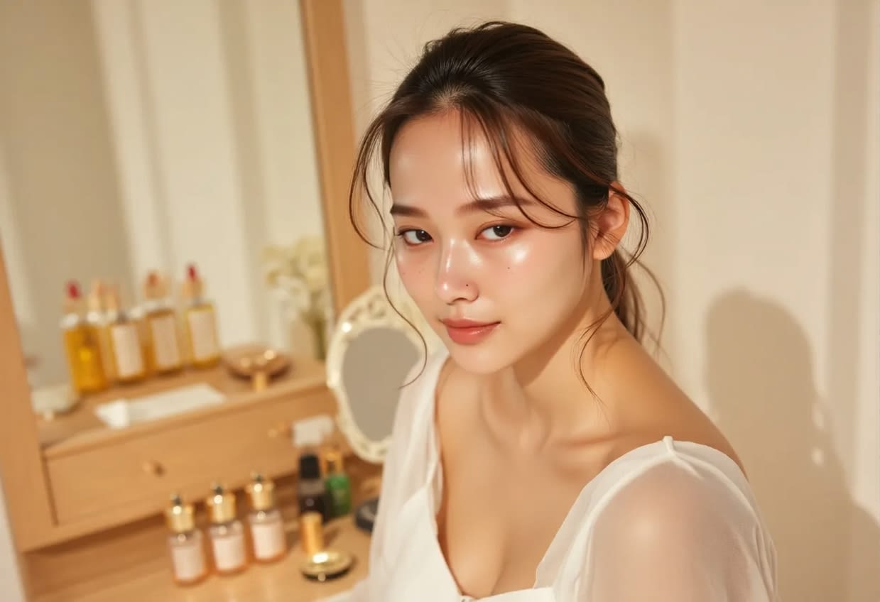 A person sitting in front of a mirror following a skincare routine
