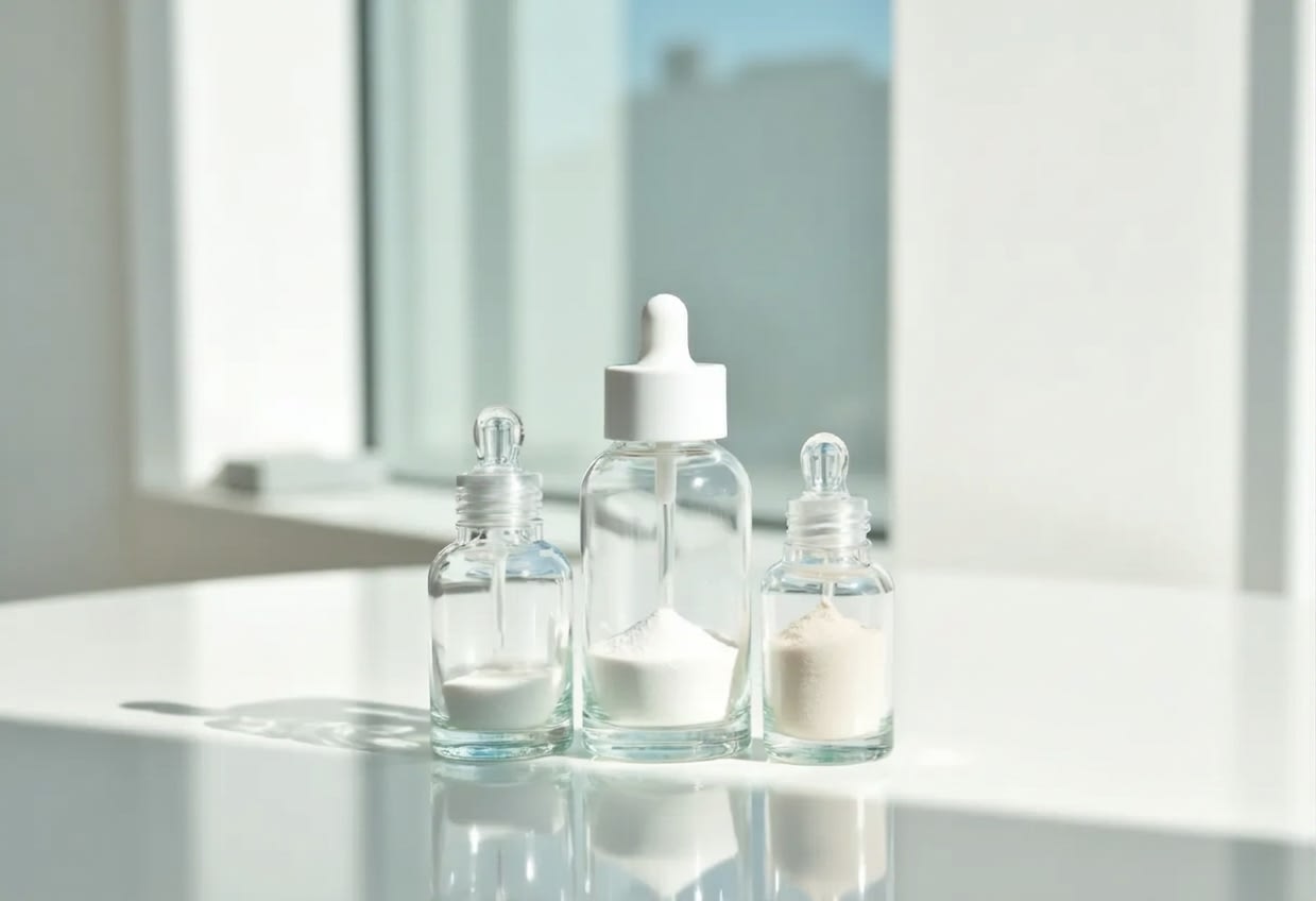 Powder-type ingredient raw material in a transparent bottle