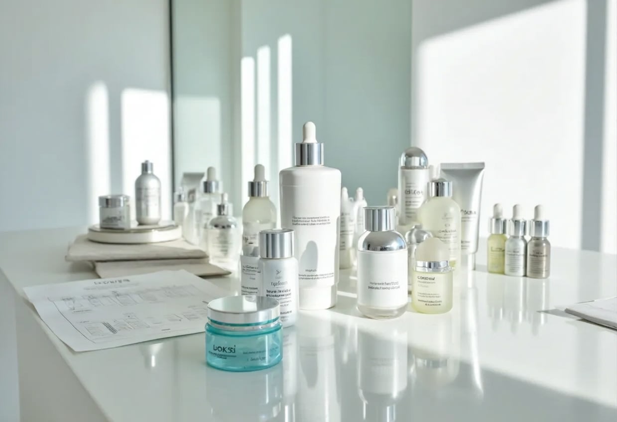 Cosmetics in various formulas and containers neatly arranged in a space reminiscent of a laboratory or workbench
