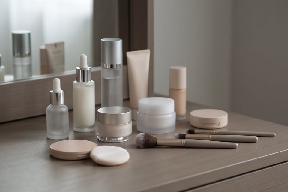 Skincare products and makeup tools arranged together