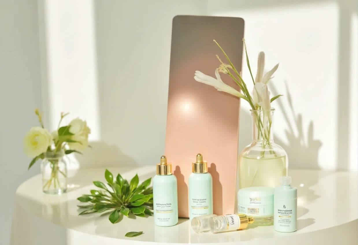Basic skincare products neatly arranged with natural elements to symbolize everyday home care