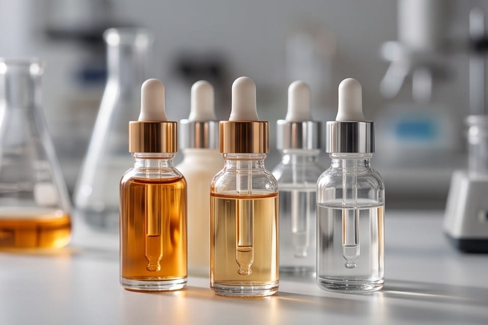 Laboratory beakers and dropper bottles filled with raw material liquids of various concentrations