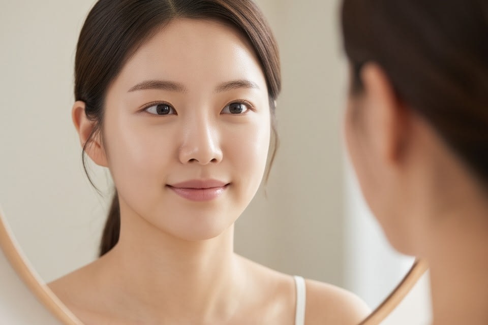 A person checking skin condition while looking in the mirror