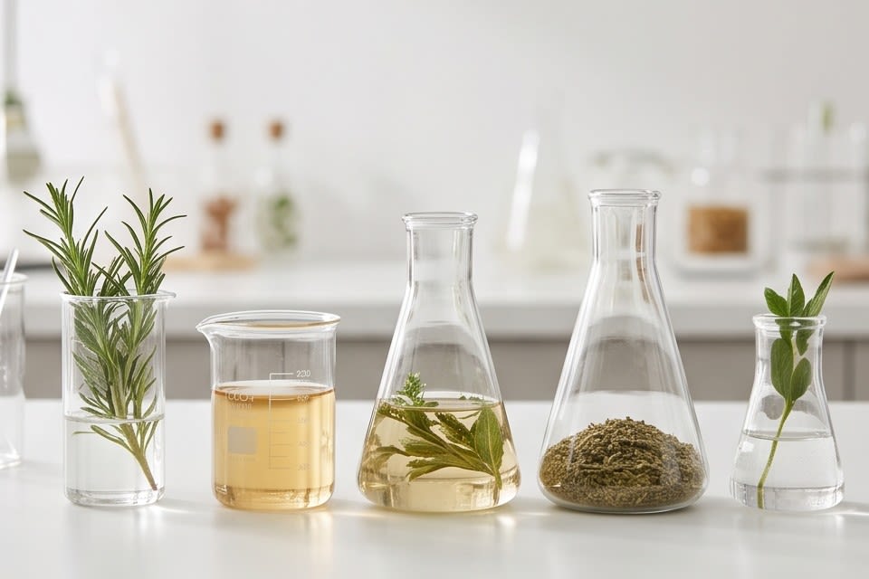 A laboratory scene with plant extracts and glass tools