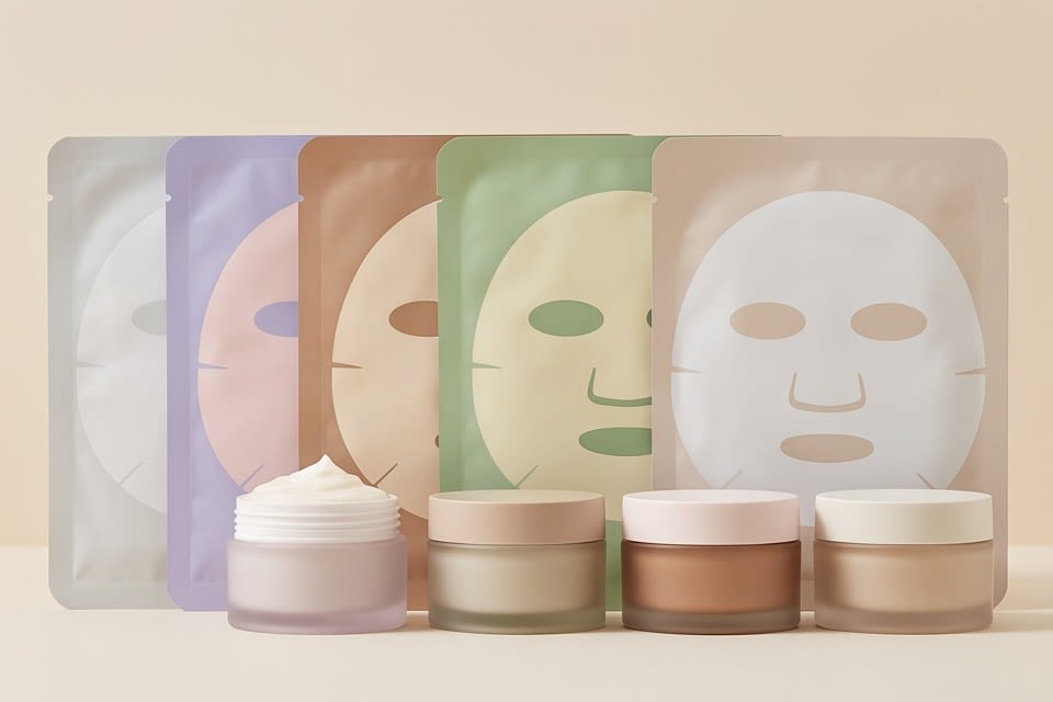Various mask pack packages and basic skincare products placed side by side