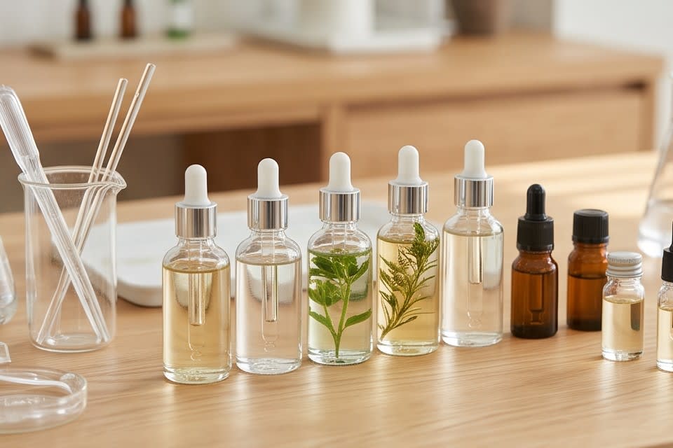 Laboratory tools and glass containers filled with various plant ingredients