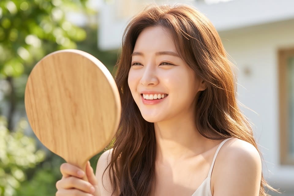 A person smiling brightly while looking in the mirror