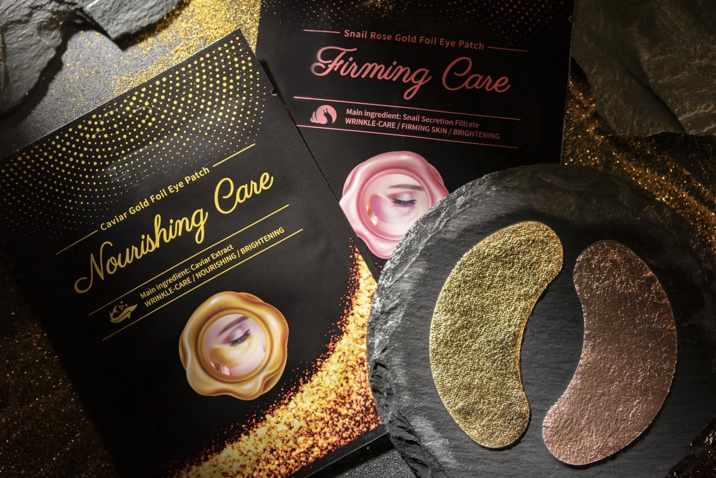 The actual shape and package of the eye patch product highlighting a gold foil texture