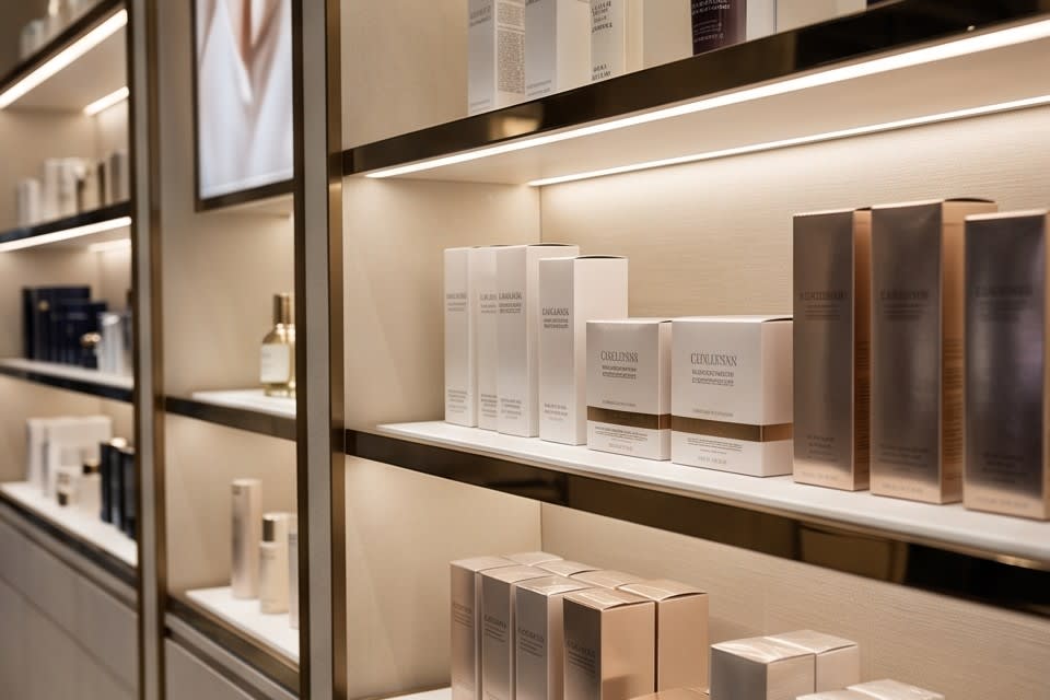 Interior of an offline store displaying various cosmetics