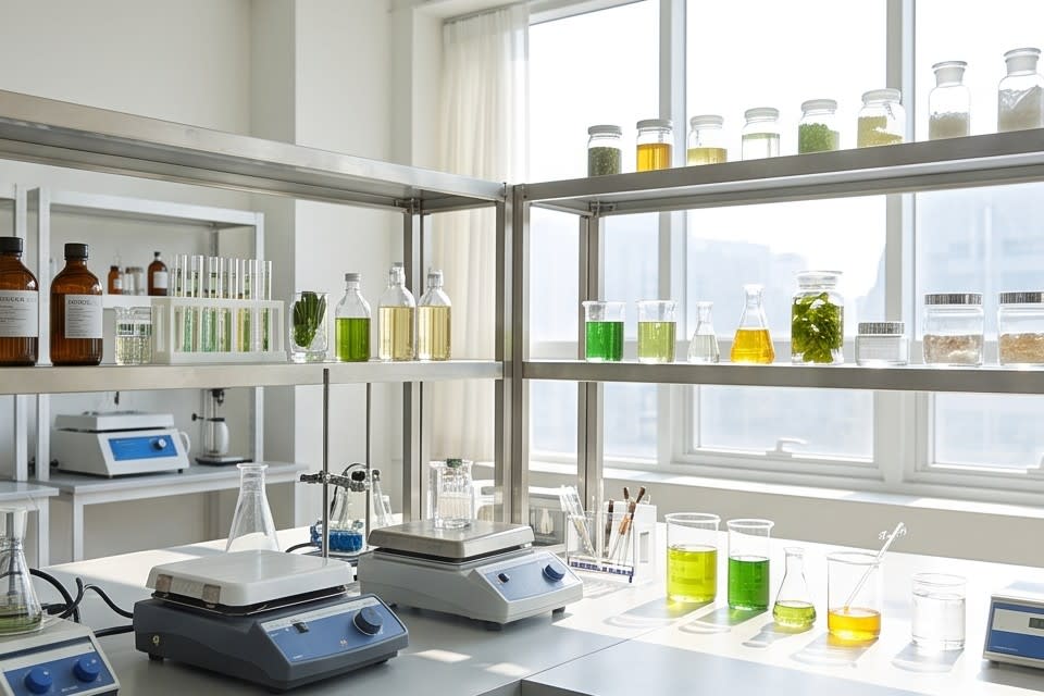 A laboratory scene showing a cosmetics research process based on skin science