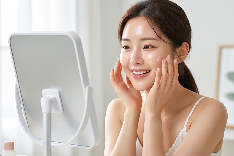 A person carefully applying skincare products after cleansing and checking the skin