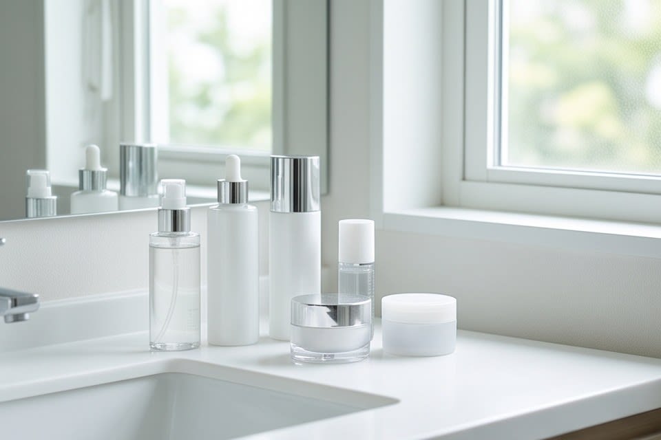Cosmetic containers neatly arranged on a sink