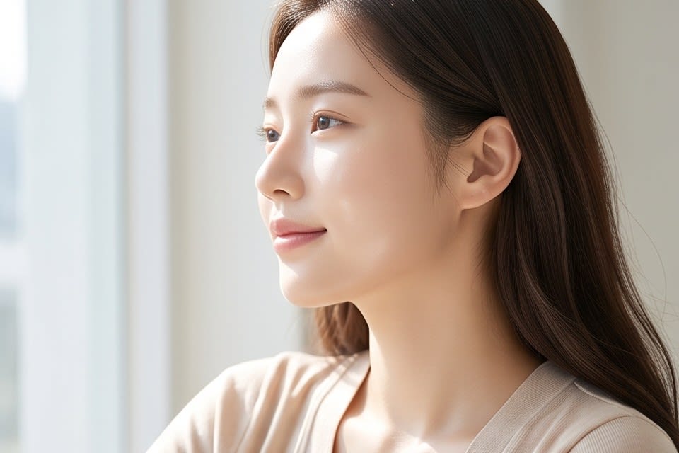 Side profile of a woman with a clear and bright skin tone