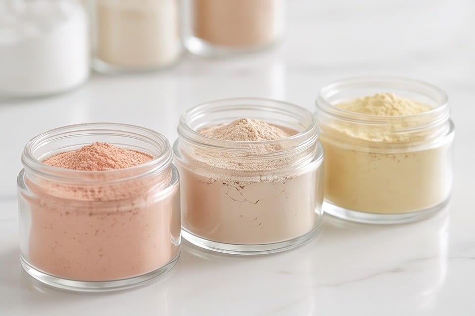 Powder ingredients of various colors and textures in containers