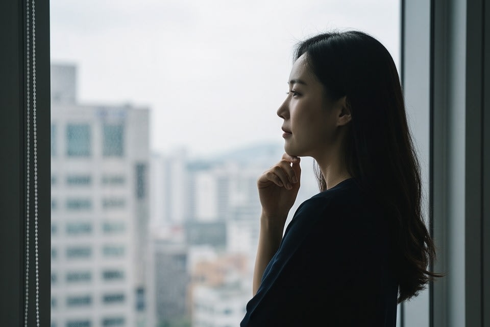 창밖을 바라보며 퇴임 답례품을 고민하는 사람의 모습입니다.