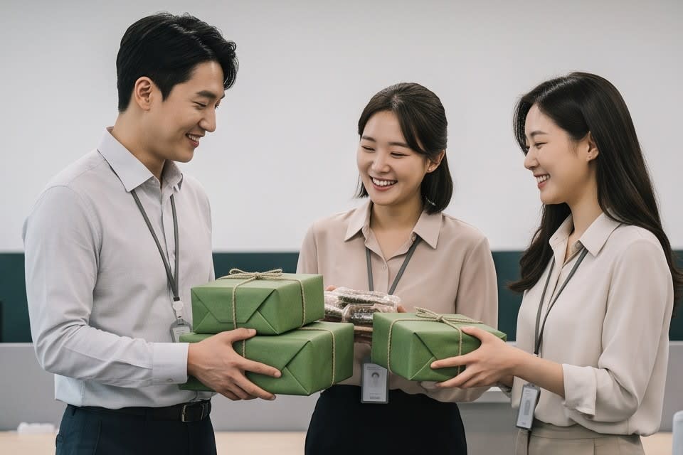 사무실에서 동료들에게 환하게 웃으며 답례품을 건네는 모습입니다.