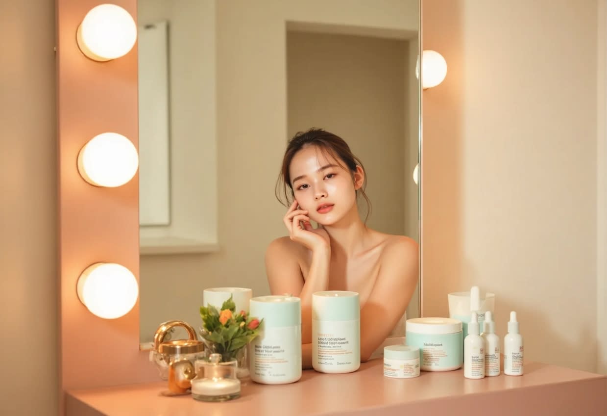 A person calmly preparing for the morning while sitting at a vanity in front of a mirror.