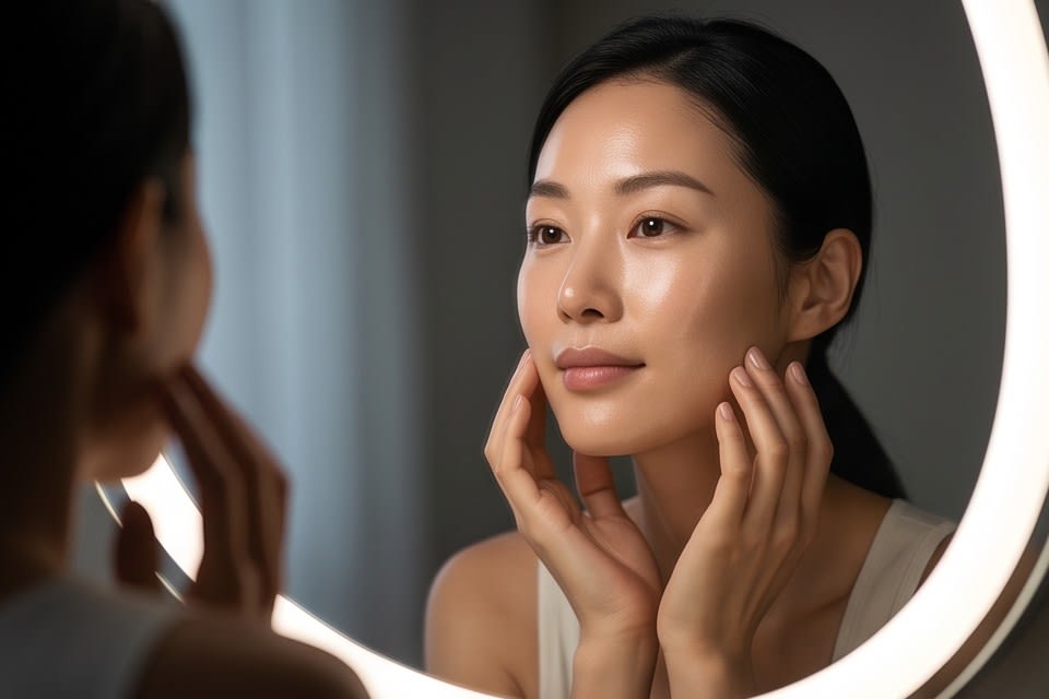 A person carefully observing their skin condition through a mirror.