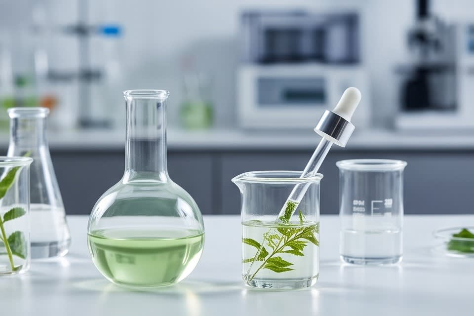 Glass containers with laboratory tools such as beakers and droppers and botanical ingredients