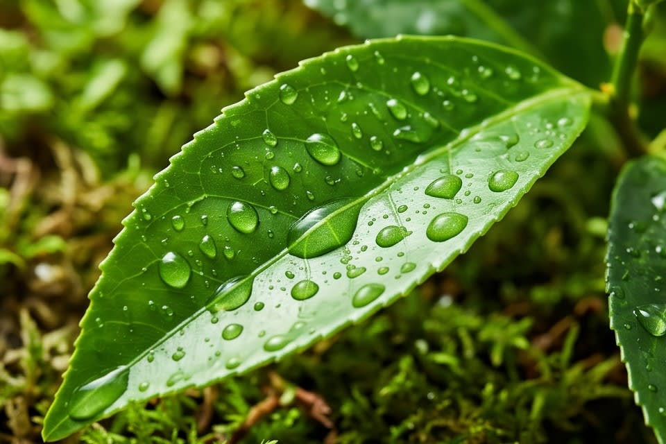 A green leaf covered with dewdrops