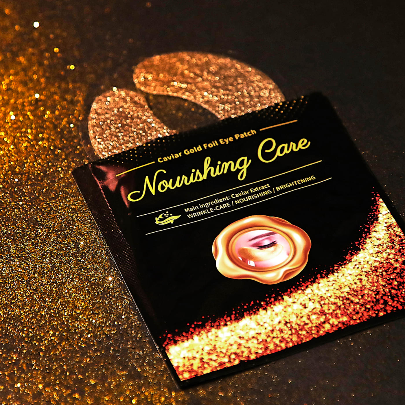 An eye patch product and package containing caviar and gold ingredients.