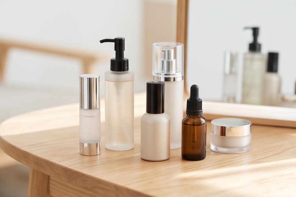 Various skincare products neatly arranged on a table.