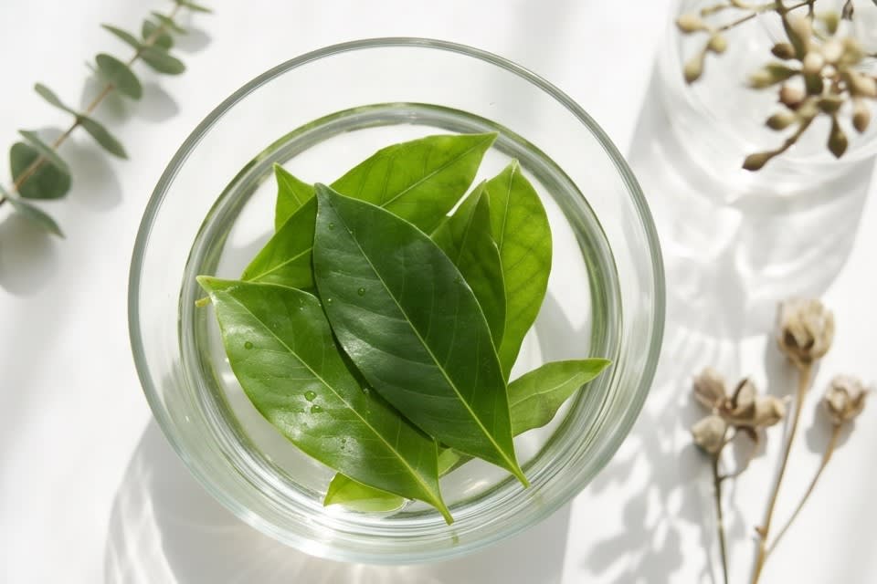 Green leaves placed in clear water inside a transparent glass container.