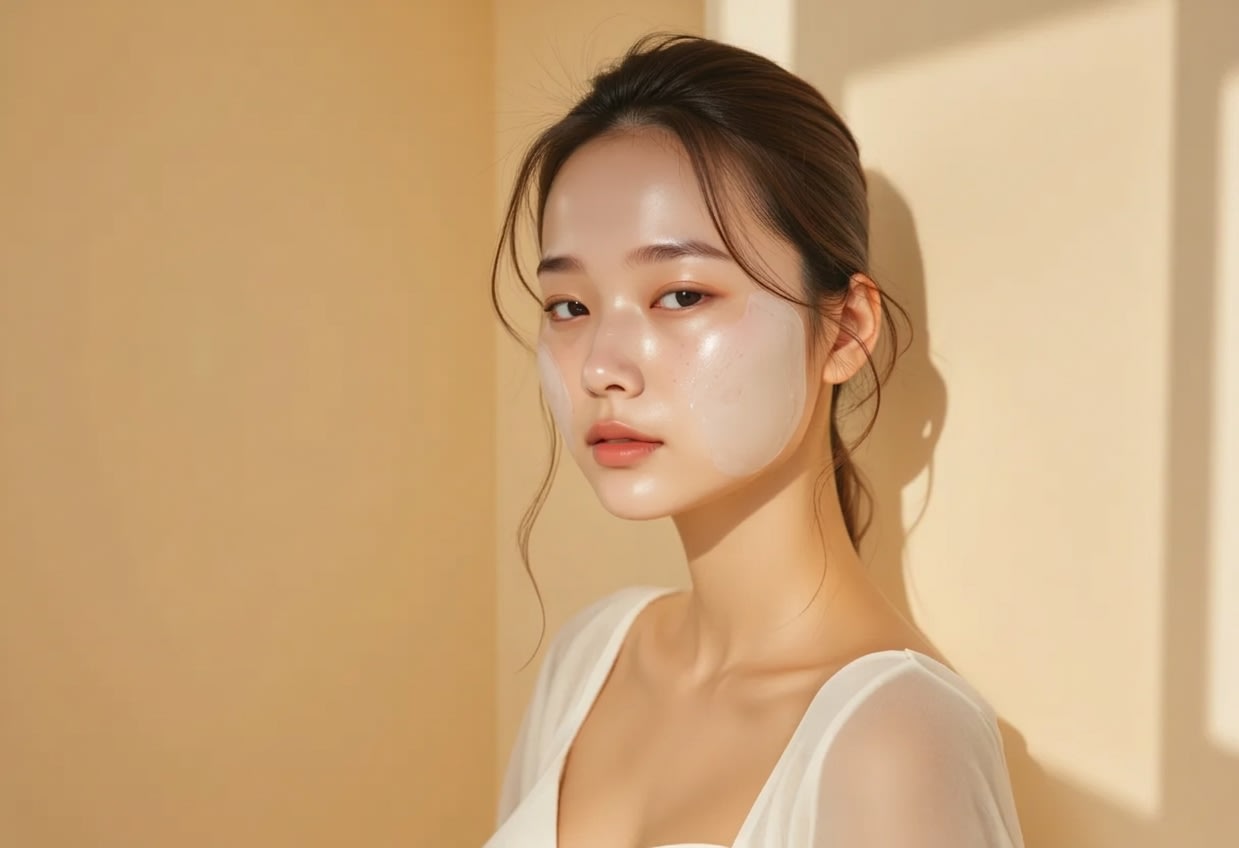 A person applying a mask pack sheet to the face