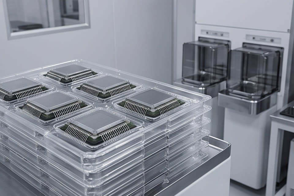 Semiconductor packages processed with uniform thickness and clean surfaces and aligned on a tray