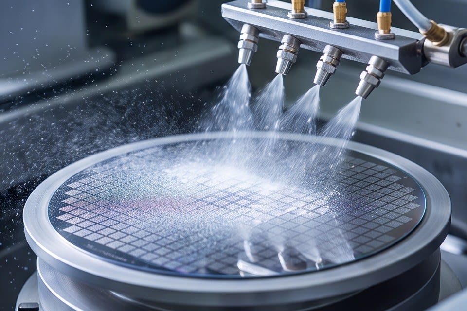 Cleaning process spraying liquid onto the wafer surface to remove fine residues