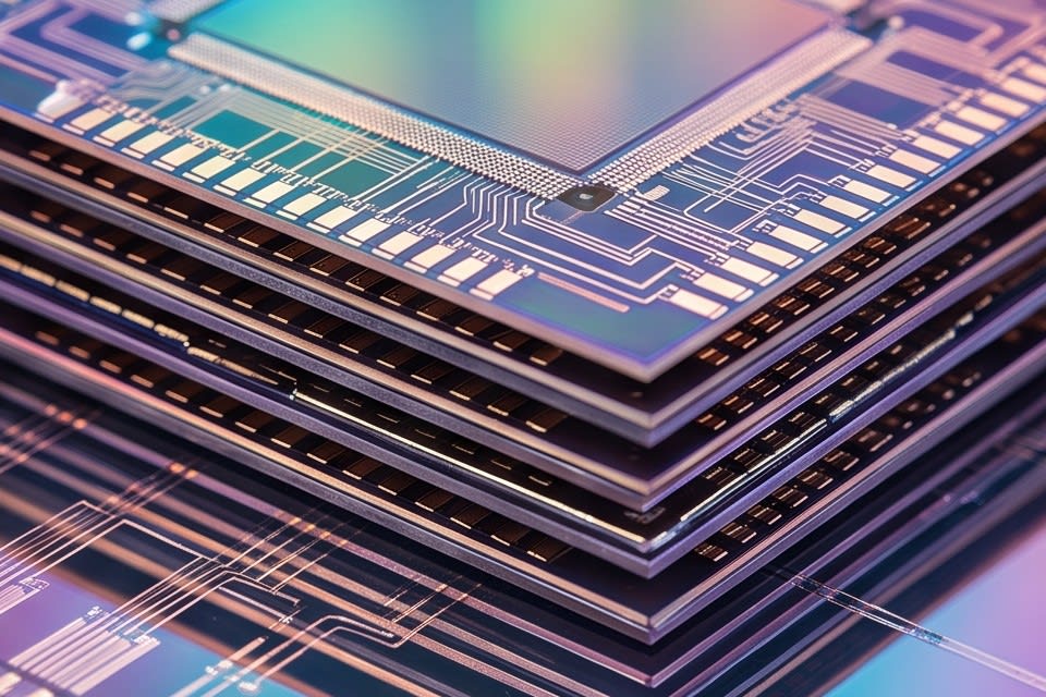 Cross sectional structure of high performance semiconductor chips stacked vertically in multiple layers