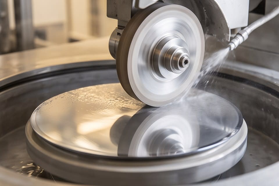 다이아몬드 휠을 이용해 웨이퍼 표면을 미세하게 연삭하는 공정 장면