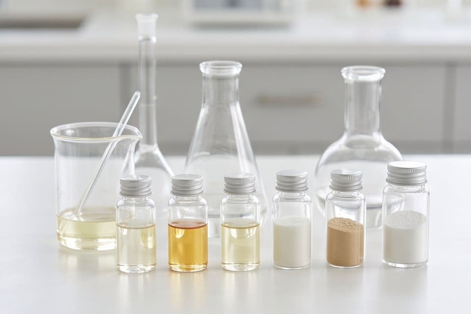 Glass containers filled with beakers and various ingredients