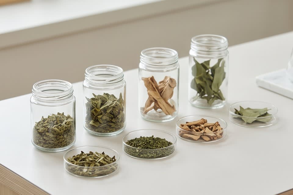 Natural plant based ingredients in glass bottles and petri dishes.
