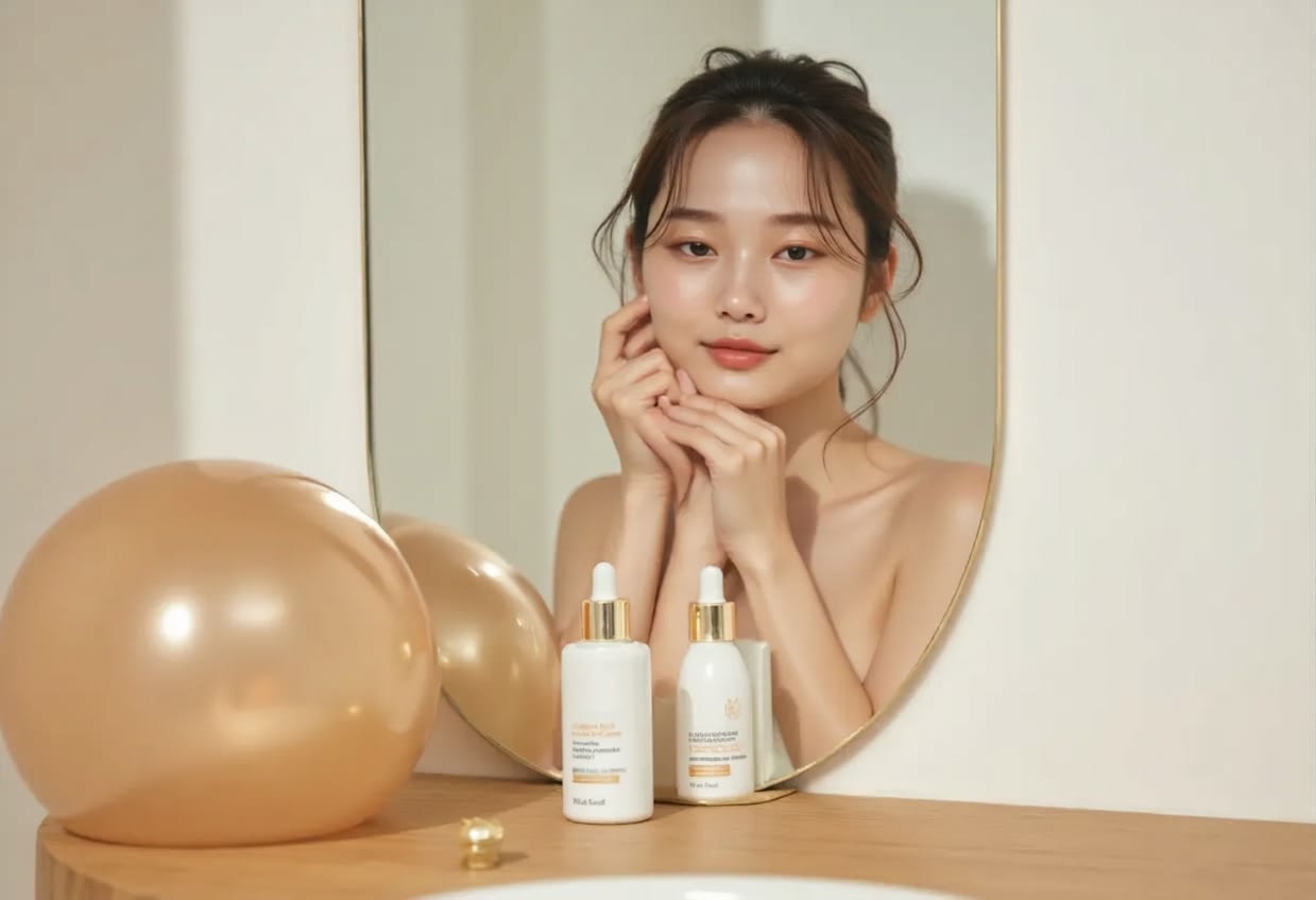A moment of checking the skin in front of the mirror with skin care products.