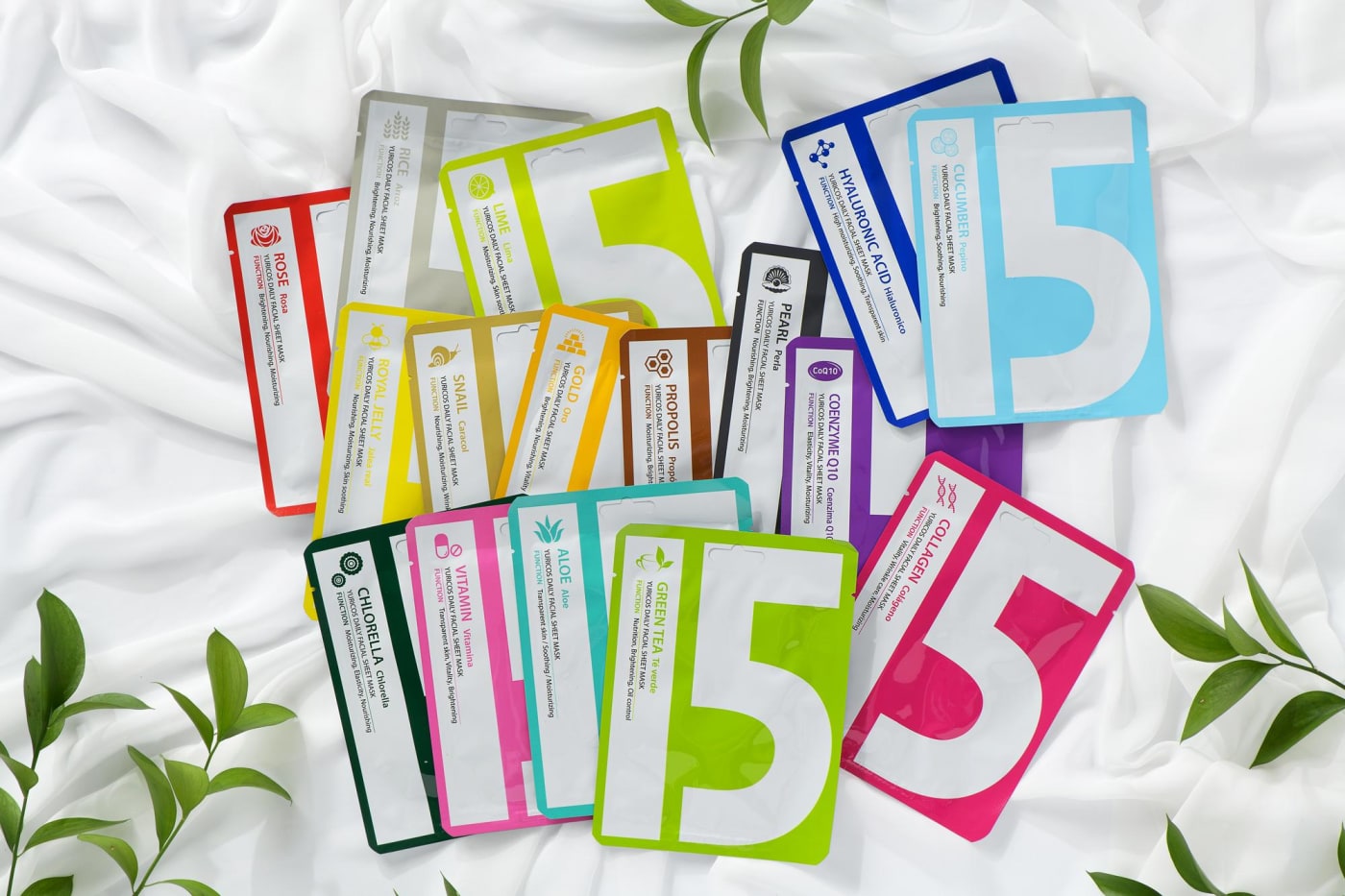 A lineup of mask pack products with various colors and functions spread out