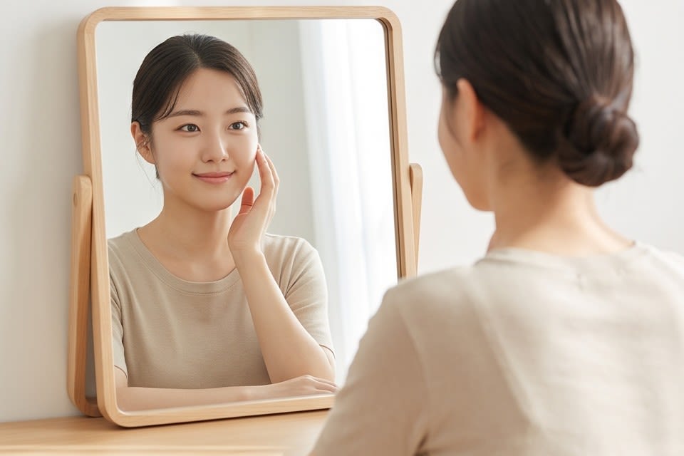 A person checking their skin condition while looking in a mirror