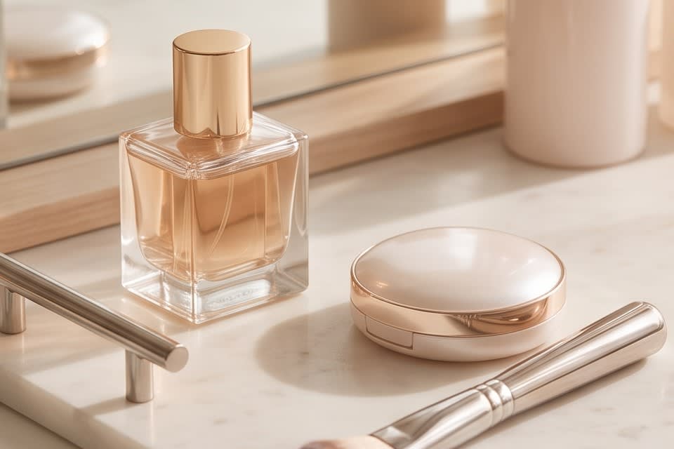 A makeup vanity area with neatly arranged brushes and cosmetic containers